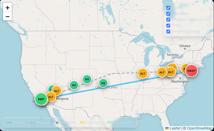 AeroRoute flight-planning map — an optimized primary route with alternate paths, waypoints, weather checkpoints, and diversion airports across the United States.